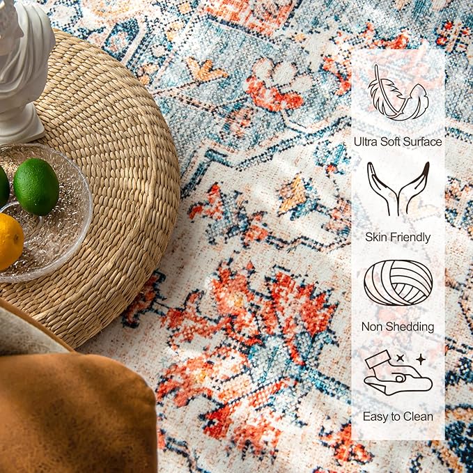 VK VK·LIVING Machine Washable Rug 4'x6' Vintage Design Washable Area Rugs with Non Slip Rugs for Living Room Bedroom Traditional Woven Carpet Stain Resistant,Home Decor Office Boho Rug, Blue&Orange