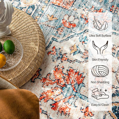 VK VK·LIVING Round Washable Rug 5'Ft Vintage Machine Washable Area Rugs with Non Slip Round Rugs for Living Room Bedroom Traditional Woven Carpet Stain Resistant Dining Home Office Boho Rug (Blue)