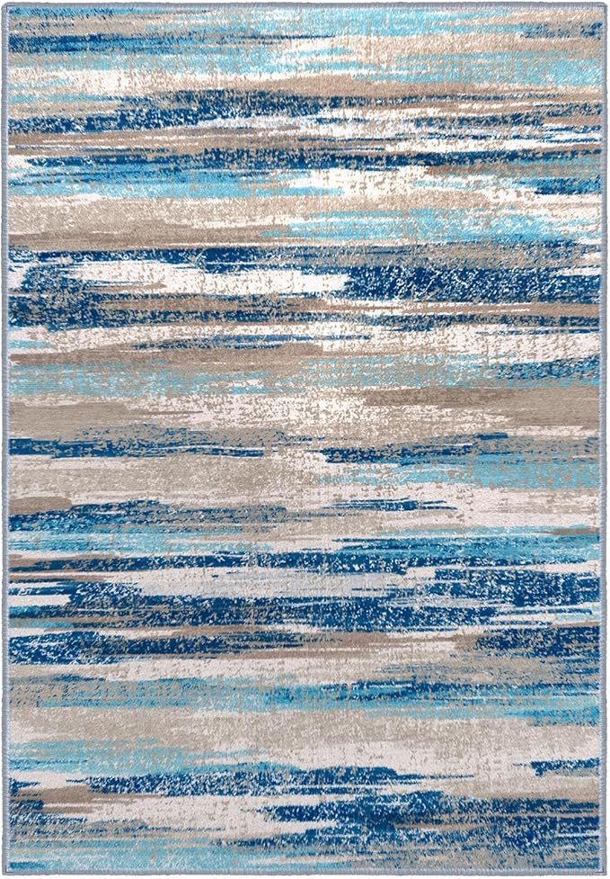 Modern Abstract 8x10 Large Machine Washable Living Room Rug Non-Slip Soft Bedroom Area Rug Blue Ultra Thin Print Faux Wool Carpet Throw Rugs for Nursery Playroom Dining Room Indoor Office
