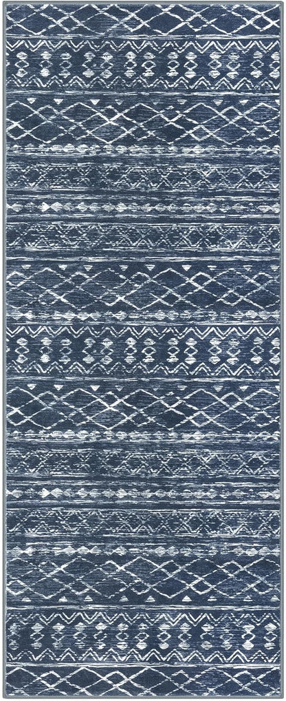 KUTA Moroccan Washable Hallway Runner Rug, 2x6 Non-Slip Vintage Navy Blue Boho Rugs Kitchen Runners Ultra Soft Distressed Geometric Floor Carpet for Bedroom Laundry Living Room