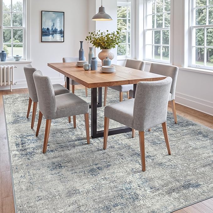 DEXI 5x8 Area Rug for Living Room, Modern Abstract Thin Washable Rug Indoor Floor, Non Slip Stain Resistant Low Pile Carpet for Dining Room Bedroom Office, Blue