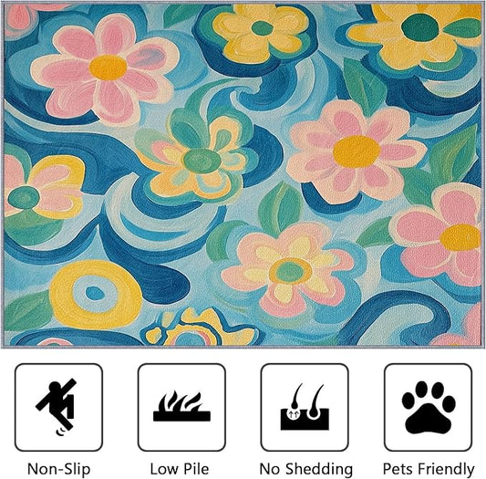 Floral Rug 3x5 - Modern Artistic Flower Rugs for Bedroom Non Slip Low Pile Machine Washable Area Rugs for Living Room Kitchen, Floral Carpet House Decor & Gifts