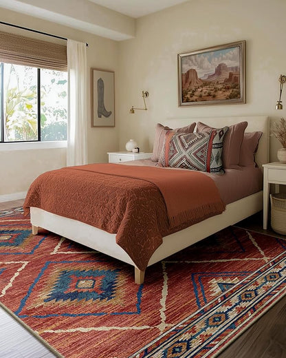 Area Rug 9x12 Rug Machine Washable Non-Slip Low Pile Print Pattern Western Rug for Living Room Bedroom Entryway Tribal Series -Red/Orange