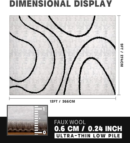 YIHOUSE Modern Area Rugs for Living Room, 9x12 Washable Black and White Rug, Thin Abstract Geometric Striped Rug, Area Rug for Bedroom,Kitchen,Dining Room,Office