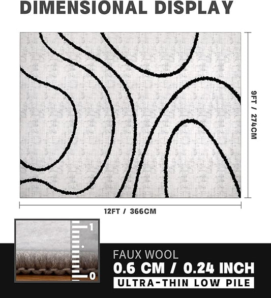 YIHOUSE Modern Area Rugs for Living Room, 9x12 Washable Black and White Rug, Thin Abstract Geometric Striped Rug, Area Rug for Bedroom,Kitchen,Dining Room,Office