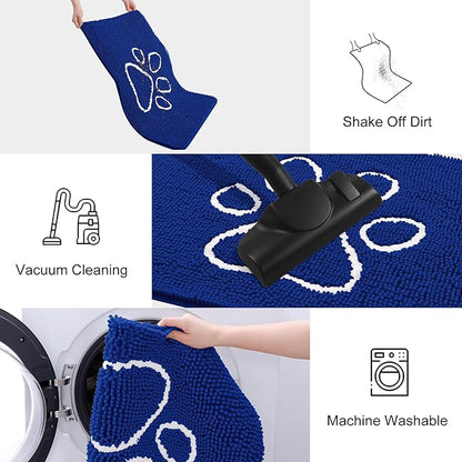 Smiry Dog Door Mat for Muddy Paws, Absorbent Dirt Trapper Non Slip Quick Dry Washable Chenille Mat for Mud Dogs, Entry Rug for Indoor and Outdoor (36x24 Inches, Royal Blue and White)