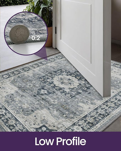 DEXI Area Rugs for Entryway 2'8"x4', Washable Low Pile Vintage Traditional Entry Rug Non Slip, Indoor Door Mat for Bedroom Kitchen Entrance Hallway, Blue Grey