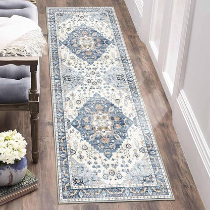 Enkor Runner Rugs for Hallway, 2x6 Washable Soft Non Slip Floor Rugs for Kitchen, Modern Mat for Living Room Bedroom Entryway Blue & White