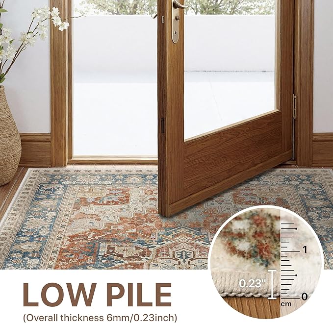 GENIMO 5X7 Area Rugs for Living Room, Machine Washable Vintage Floor Cover Foldable Modern Non Slip Rug, Low Pile Soft Indoor Carpet Floral Print Mat Rug,Bedroom/Dining Room/Home Office,Terracotta