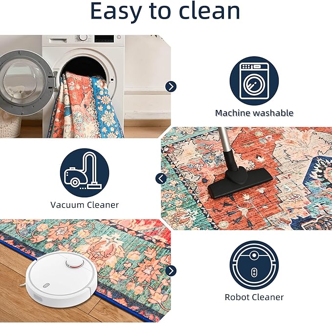 YJ.GWL Area Rugs for Living Room 6x9 Machine Washable Rugs, Non Slip Floral Vintage Rug Indoor Carpet, Stain Resistant Large Rug for Bedroom Dining Room, Red Blue Gradient Color