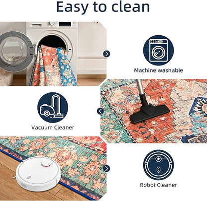 YJ.GWL Area Rugs for Living Room 8x10 Machine Washable Rugs, Non Slip Floral Vintage Rug Indoor Carpet, Stain Resistant Large Rug for Bedroom Dining Room, Red Blue Gradient Color