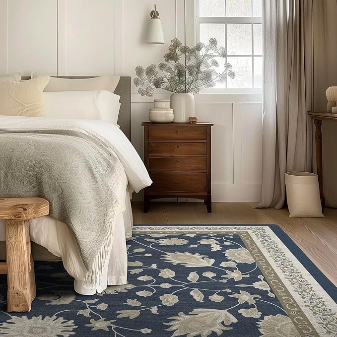 EVERGRACE Area Rugs for Living Room 8x10, Boho Floral Faux Wool Indoor Outdoor Rugs, Washable Rugs for Bedroom Dining Room Entryway Kitchen, Low Pile Floor Mat Carpet for Home Decor, Navy Blue