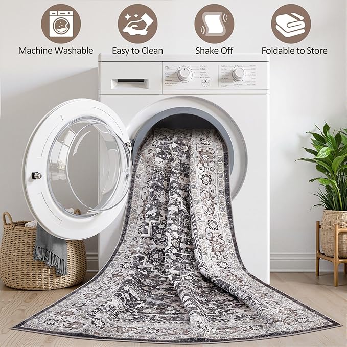 Black Rug Living Room Rugs: 7x9 Washable Boho Large Vintage Moody Soft Stain Resistant Oriental Farmhouse Non-Slip Indoor Floor Carpet for Bedroom Playroom Office Dining Room Retro Home Decor