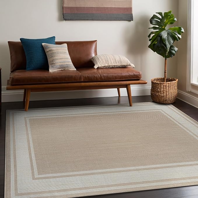 Beverly Rug Outdoor Rug 6x9 Modern Bordered Area Rugs for Indoor and Outdoor Patio Deck Porch Garden Waterproof Weather Sun Resistant Washable Outside Carpet (6 x 9 Beige)