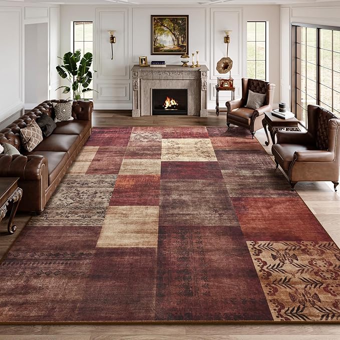 DweIke Washable Area Rugs for Living Room, 6x9 Large Bedroom Rugs, Geometric Print Non Slip Low Pile Indoor Throw Carpets for Bedroom Apartment Dining Room Home Office Hardwood Floor, Red
