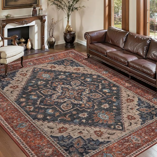 Tangsoo 5x7 Area Rug Washable Rug for Living Room, Vintage Rugs Indoor Non Slip Large Area Rugs, Print Carpet, Soft Low Pile Rugs Foldable Floor Rug for Bedroom Dining Room Dorm Dark Blue/Orange