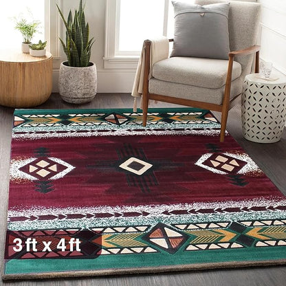YHSF South West Native American Area Rug C318 - Easy Clean, Thick, Soft, Durable Native Tribal American Indian Inspired Rug for Bedroom/Living Room and More - Burgundy, 3 Feet x 4 Feet 7 Inches