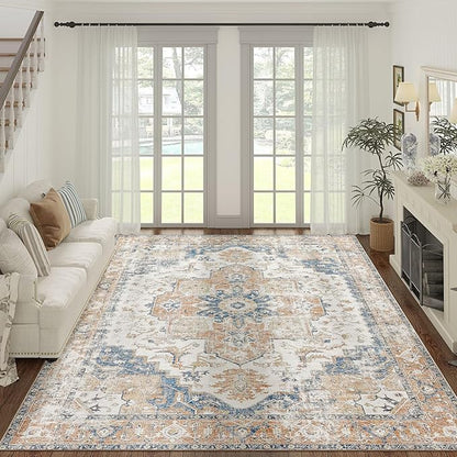 jinchan Area Rug 8x10 Washable Living Room Rug Vintage Indoor Large Floor Cover Distressed Lightweight Non-Slip Low Pile Thin Mat Accent Stain Resistant Carpet for Bedroom Dining Room Office Orange