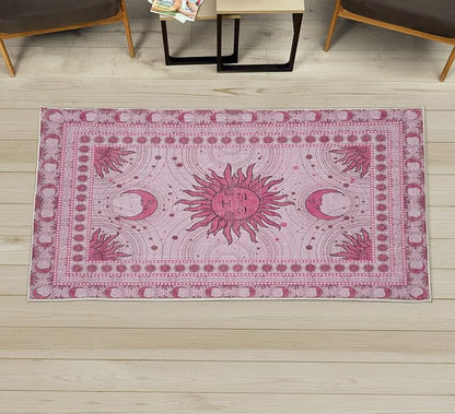 Ambesonne Sun and Moon Decorative Rug, Bohemian Artwork Design of Crescent Solar Ornament Esoteric Stars Ornaments, Quality Carpet for Bedroom Dorm and Living Room, 2' 2" x 3' 7", Pink