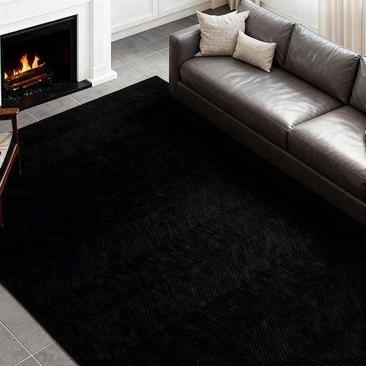 Area Rug for Living Room - 4x6 Soft Faux Rabbit Fur Modern Geometric Wave Carpet for Bedroom, Black
