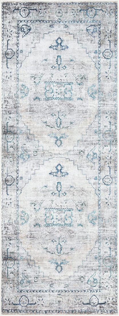 Bloom Rugs Washable Non-Slip 7 ft Runner - Teal/Beige Traditional Runner for Entryway, Hallway, Bathroom, and Kitchen - Exact Size: 2.5' x 7'