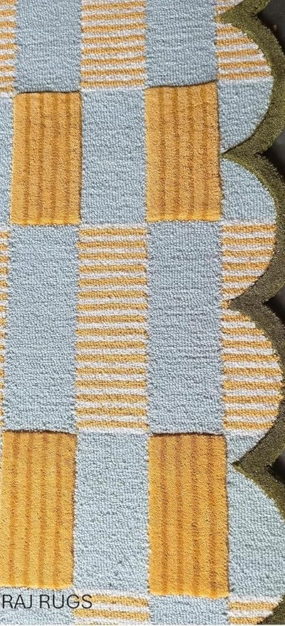 Hand-Tufted Wool Area Rug with Scalloped Edges, Beige and Green Plaid Pattern, Cozy and Soft Accent Rug for Living Room, Bedroom, and Nursery, Handmade Decorative Rug
