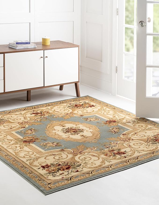 Rugs.com Chateau Collection Rug – 6 Ft Square Light Blue Medium Rug Perfect for Living Rooms, Kitchens, Entryways