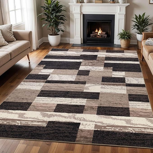 Superior Indoor Area Rug, Plush Carpet Cover, for Kids or Pets, Hallway, Entryway, Living Room, Dining, Bedroom, Office, Kitchen, Modern Geometric Patchwork, Rockwood Collection, 12' x 15', Chocolate