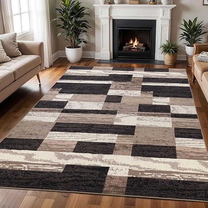 Superior Indoor Area Rug, Plush Carpet Cover, for Kids or Pets, Hallway, Entryway, Living Room, Dining, Bedroom, Office, Kitchen, Modern Geometric Patchwork, Rockwood Collection, 12' x 18', Chocolate