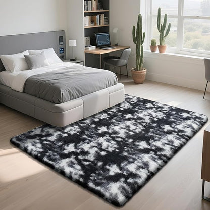 Fluffy Rug Shaggy Area Rug, Mottling Black 8x10 Area Rugs for Living Room, Large Shag Area Rugs for Bedroom Kids Room Home Decor, Upgrade Anti-Skid Rectangular Fuzzy Rugs