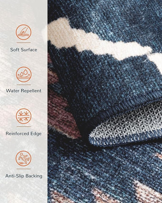 Area Rug 3x5 Rug Machine Washable Non-Slip Low Pile Print Pattern Western Rug for Living Room Bedroom Entryway Tribal Series -Darkblue