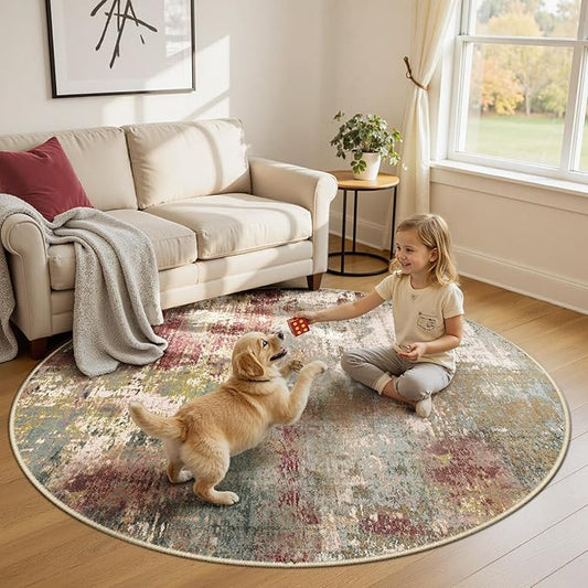 Washable Area Rugs 6ft Non-Slip Modern Abstract Soft for Living Room Entryway Bedroom Nursery, Print Pattern, Brown Rust Red Multi