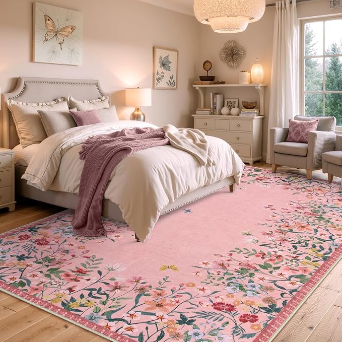 Wonnitar Washable Rug, 5x7 Pink Rugs for Living Room, Floral Print Non-Slip Area Rugs for Bedroom Girls, Soft Large Throw Carpet for Kids Nursery Room (Pink,5'x7')