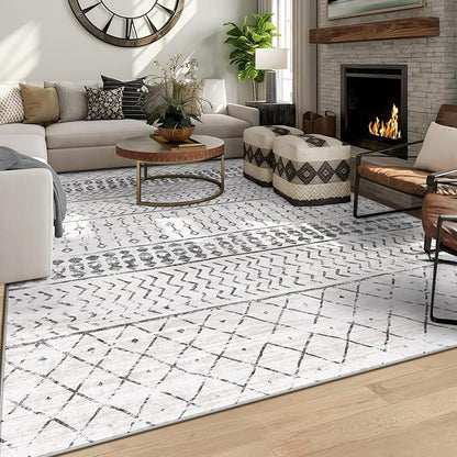 8x10 Machine Washable Area Rug for Living Room, Grey White Vintage Moroccan Rug Large Non-Slip Low Pile Soft Faux Wool Carpet, Kids and Pets Friendly for Bedroom Dining Room Farmhouse Home Decor Rug