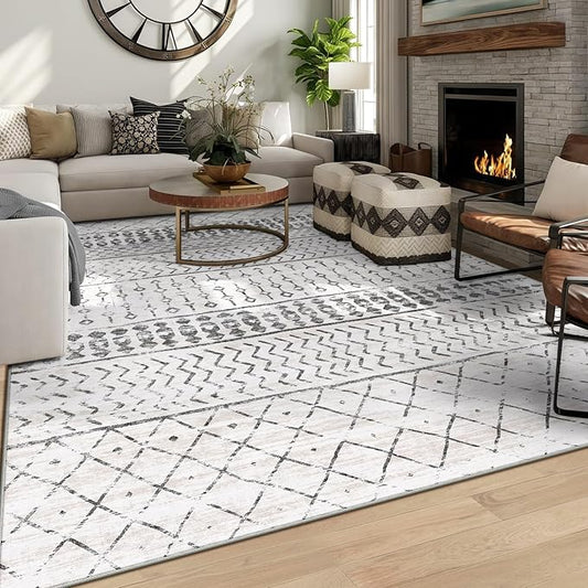 6x9 Machine Washable Area Rug for Living Room, Grey White Vintage Moroccan Rug Large Non-Slip Low Pile Soft Faux Wool Carpet, Kids and Pets Friendly for Bedroom Dining Room Farmhouse Home Decor Rug