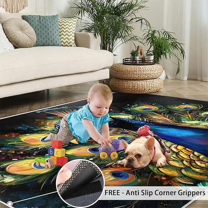 Peacock Rugs for Bedroom - 5x8 Area Rug - 3D Peacock Rugs for Living Room, Abstract Watercolor Animal Rug, Non-Slip Washable Home Decor Carpet