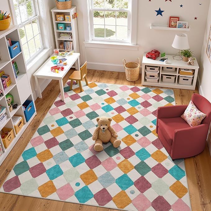 jinchan Macy Area Rug 8x10 Kids Washable Rug Indoor Floor Cover Non Slip Modern Soft Rug Playroom Diamond Carpet for Elementary School Classroom Nursery Daycare Living Room Bedroom Confetti on Cream