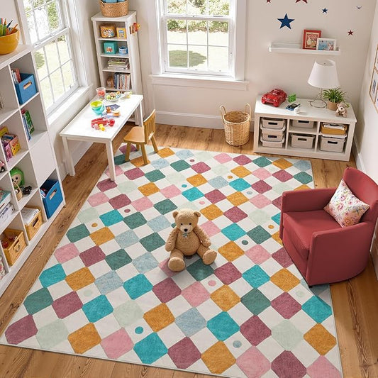 jinchan Macy Area Rug 8x10 Kids Washable Rug Indoor Floor Cover Non Slip Modern Soft Rug Playroom Diamond Carpet for Elementary School Classroom Nursery Daycare Living Room Bedroom Confetti on Cream