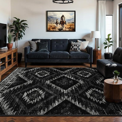 Area Rug 7x9 Rug Machine Washable Non-Slip Low Pile Print Pattern Western Rug for Living Room Bedroom Entryway Tribal Series-Black