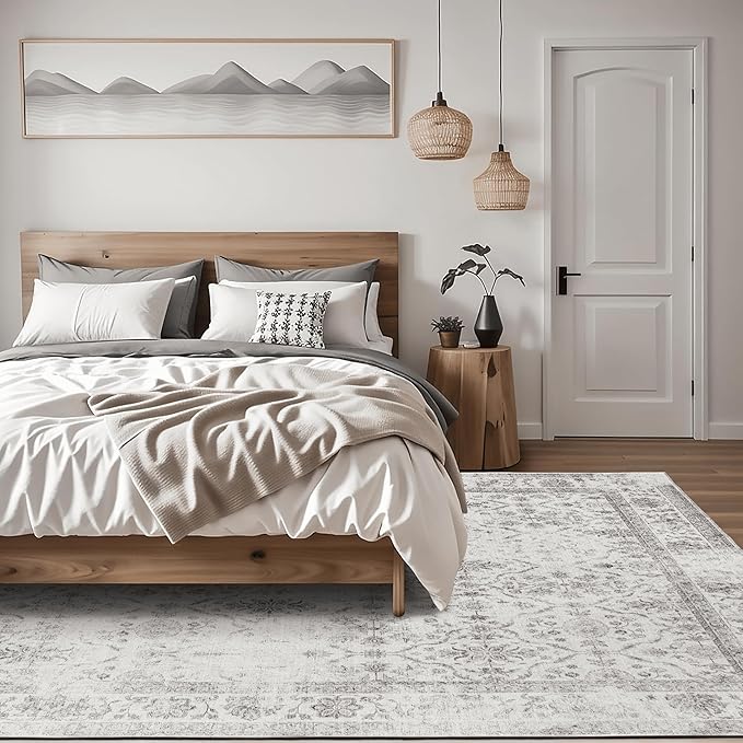 ReaLife Rugs Machine Washable Area Rug - Living Room Bedroom Bathroom Kitchen Entryway Office - Padded Low Pile Stain Resistant Premium - Boho Farmhouse Vintage - Noor - Ivory Grey 5' x 7'