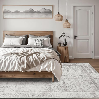ReaLife Rugs Machine Washable Area Rug - Living Room Bedroom Bathroom Kitchen Entryway Office - Padded Low Pile Stain Resistant Premium - Boho Farmhouse Vintage - Noor - Ivory Grey 5' x 7'