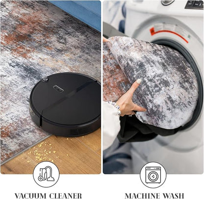 Modern Abstract Runner Rug for Bedroom 2x7, Grey Orange Multi Washable Kitchen Runner, Non-Slip Soft Thin Faux Wool Mat for Entryway, Hallway, Laundry Room Indoor