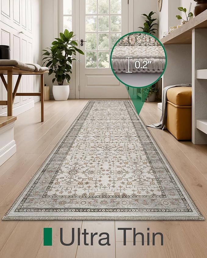 LUMI Washable Kitchen Rug, 23x59 Non-Slip Indoor Hallway Runner, Soft Low Pile Vintage Distressed Area Rugs for Laundry, Bedroom, Celadon