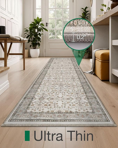 LUMI Washable Kitchen Rug, 23x59 Non-Slip Indoor Hallway Runner, Soft Low Pile Vintage Distressed Area Rugs for Laundry, Bedroom, Celadon