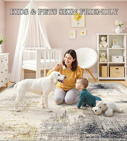 5x7 Washable Area Rugs - Modern Abstract Rugs for Living Room Non-Slip Low Pile Soft Machine Washable Carpet for Bedroom, Dining Room, Nursery, Home Office, Farmhouse (5'x7' Beige Tan)