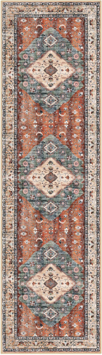 KOZYFLY Runners for Hallways 2x7 Ft Washable Kitchen Runner Rug Boho Runner Rug for Entryway Indoor Rust/Orange/Blue Printed Oriental Faux Wool Floor Carpet Runner for Bedroom Kitchen Hall