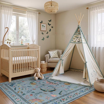 5x7 Washable Area Rug with Insect Print - Bug Rug Non-Shedding Stain Resistant Soft Carpet for Bedroom, Low Pile Ultra-Thin Machine Washable Carpet for Dining Room, Kids Nursery, Office (5'x7' Blue)