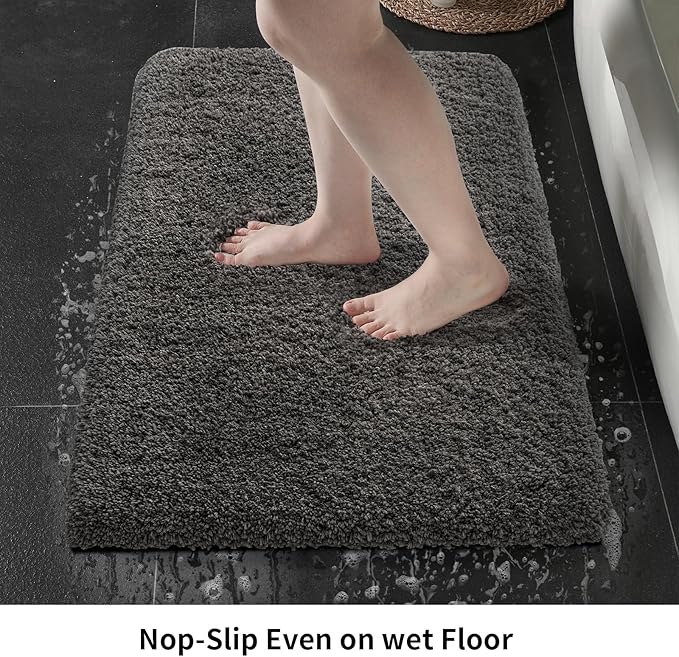 Dark Grey Bathroom Rug 20x32 Non Slip Fluffy Bath Mat for Bathroom Floor Washable Plush Luxury Bath Rug for Tub Soft Shaggy Absorbent Shower Sink Mat