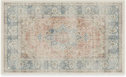 RUGGABLE Washable Vintage Area Rug – Sarrah Coral 3x5, Stain-Resistant, Non-Slip – Small Machine Washable Rugs for Living Room, Bedroom, Hallway, Entryway & Office–with Cushioned Pad