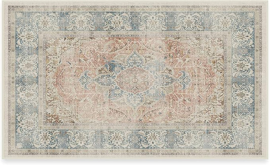 RUGGABLE Washable Vintage Area Rug – Sarrah Coral 3x5, Stain-Resistant, Non-Slip – Small Machine Washable Rugs for Living Room, Bedroom, Hallway, Entryway & Office–with Standard Pad